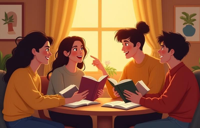Group of people discussing books warmly