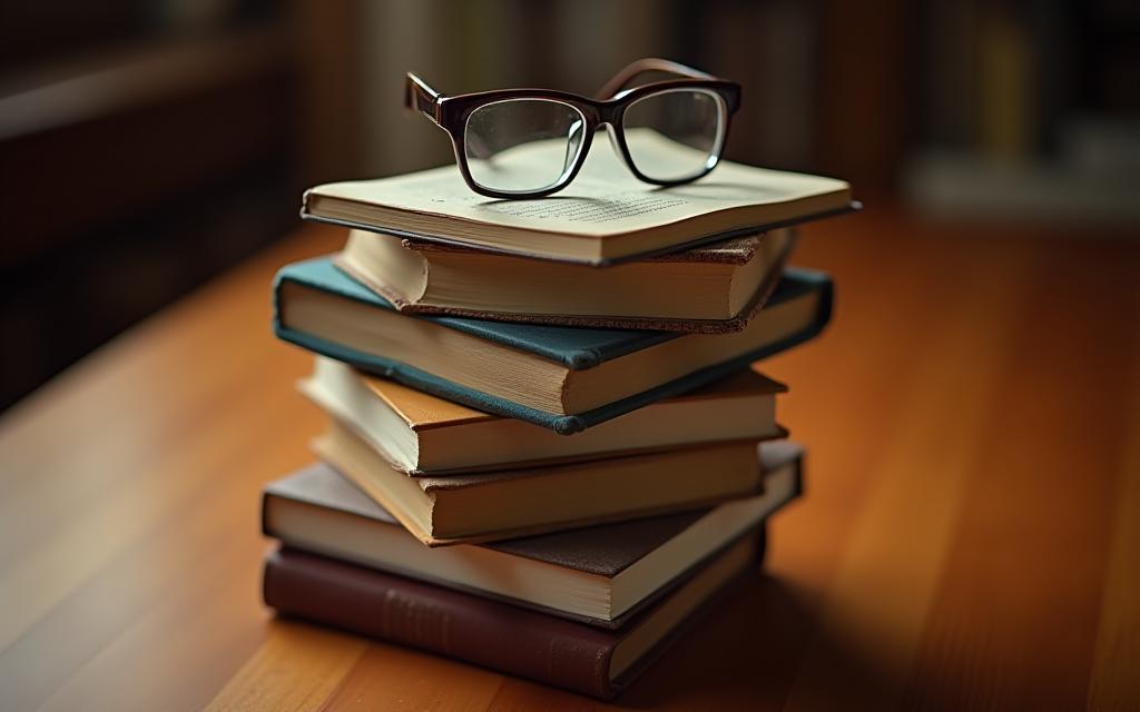 Stack of diverse books with reading glasses